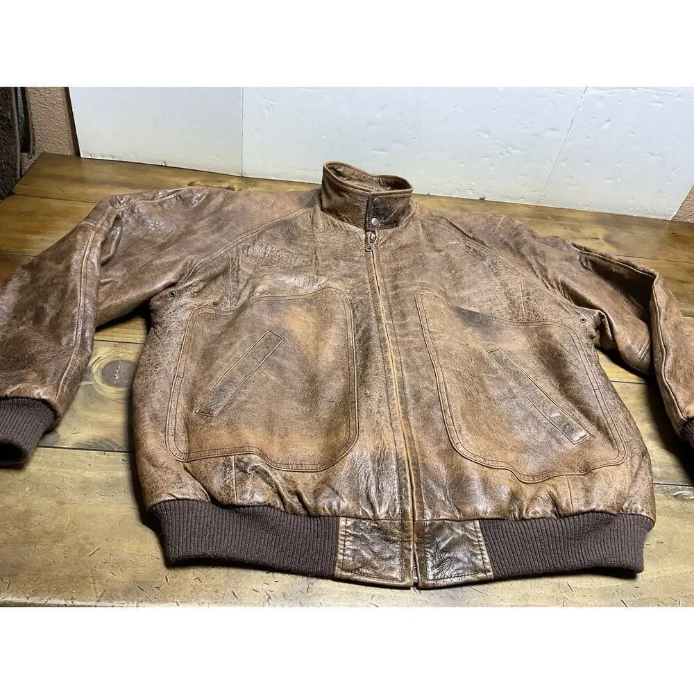 Context Vintage 90s Leather Bomber Jacket Brown Size Aztec Lining Full Zip XLT
